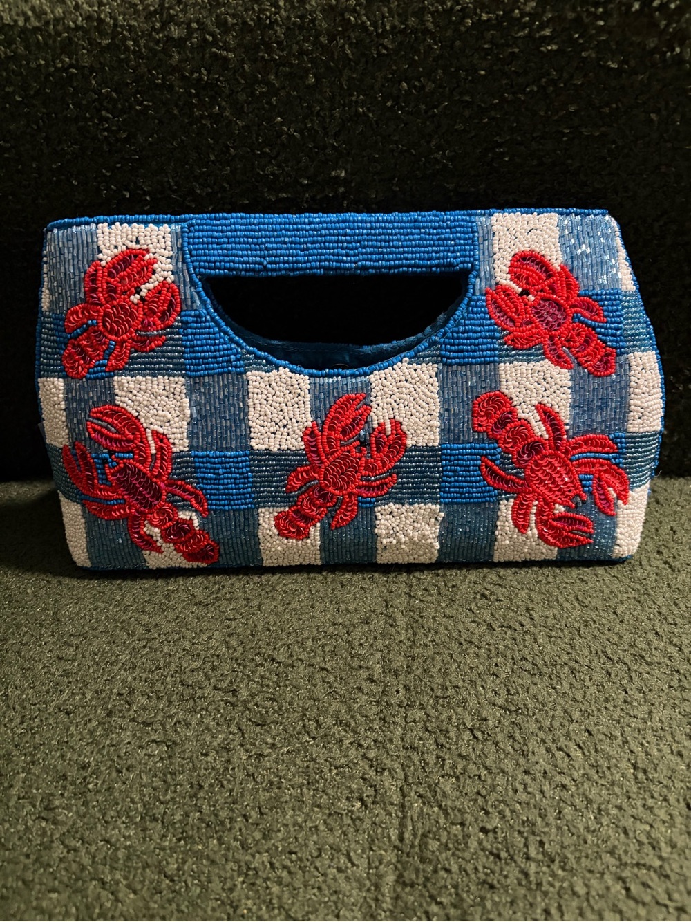 Beaded Blue & White Check Clutch with Red Crab Motif